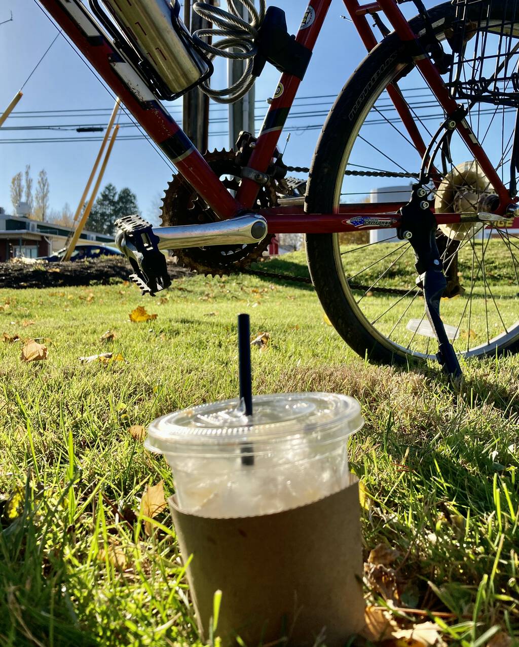 Photo of a Vietnamese coffee on the grass, with my bicycle, and the street, in the background.