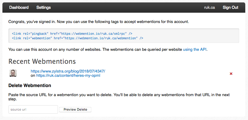 Webmention.io Dashboard showing one Webmention