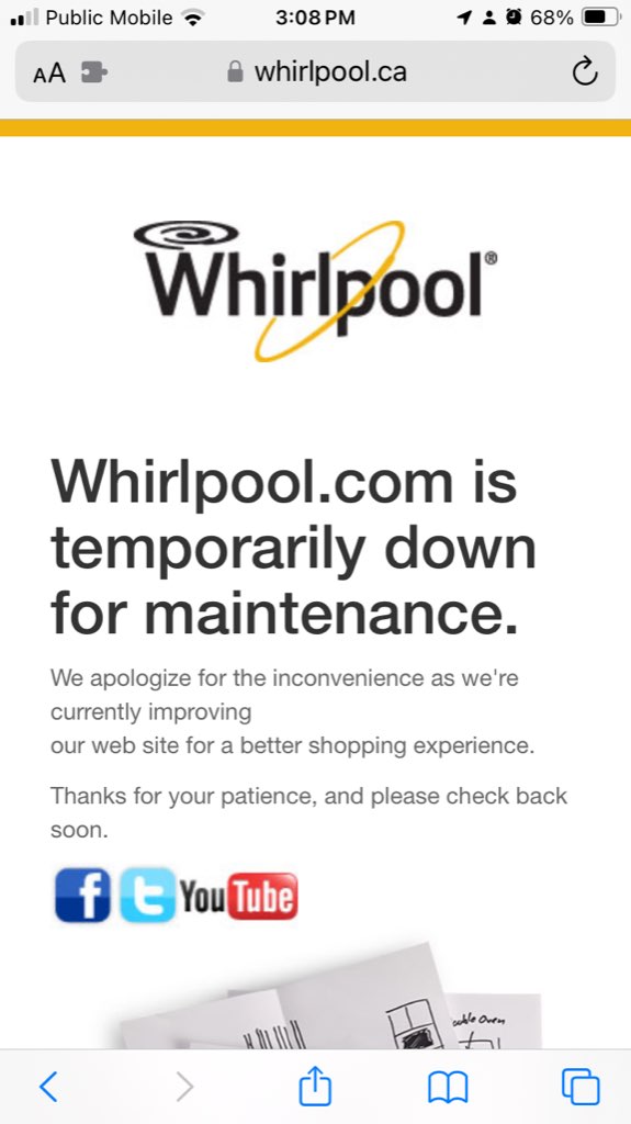 The error message on the Whirlpool.com website showing it down for maintenance.