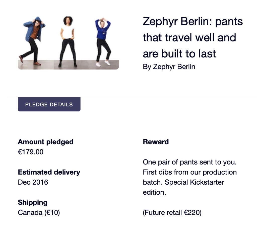 Screen shot of a Kickstarter email acknowledging my Kickstarter pledge of 179 EUR for a pair of Zephyr Berlin trousers.